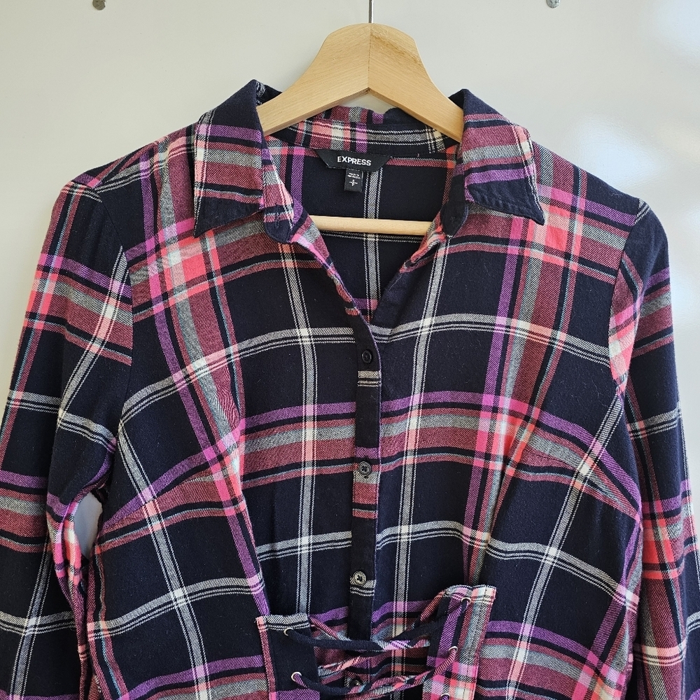 EXPRESS Pink Purple Plaid Flannel Corset Lace-Up Button-Down Shirt Size Small - Picture 6 of 12